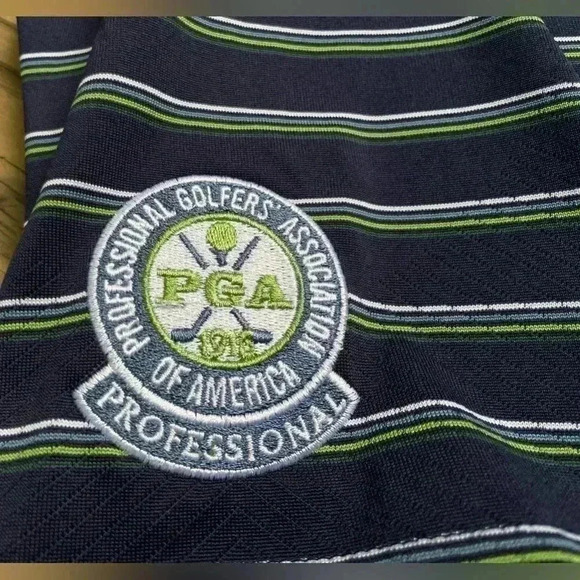 Men's Under Armor Golf Pro Navy & Green Stripe Polo Shirt Short Sleeve Sz XL PGA - Picture 1 of 10